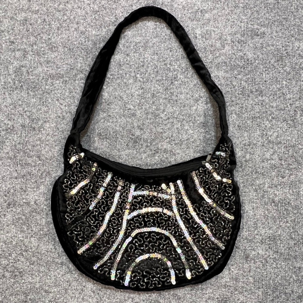 rue21 Shoulder Bag Womens OS Black Velvet Sequin Beaded Hobo Purse